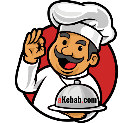 Logo von aKebab.com mit Kochfigur und Servierplatte – ideal für Catering und Grillservice